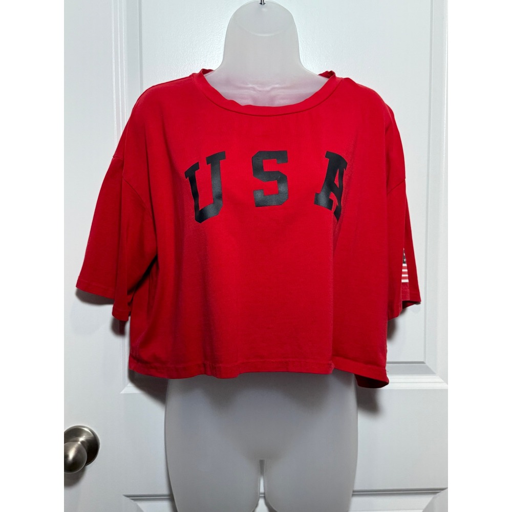 Red Cropped T Shirt USA Graphic Print Short Sleeve Women's XL America X-Large